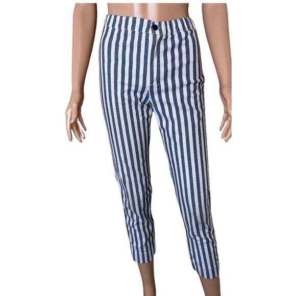 BRANDY MELVILLE Italy Womens Navy White Wide Striped Tapered Leg Pants SZ 4 - Picture 8 of 9